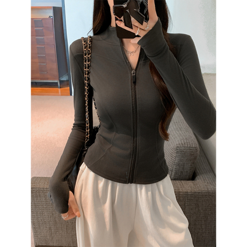 Korean style hot girl lapel zipper long-sleeved jacket women's slim-fitting inner layered shirt and tight top