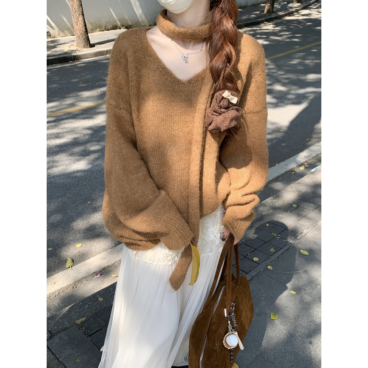 Real shot of autumn and winter Korean style v-neck loose soft waxy long mohair temperament sweater with long-sleeved sweater for women