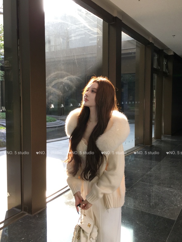 Autumn knitted zipper cardigan detachable fur collar long-sleeved atmospheric sweater jacket top