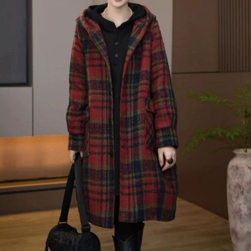 Official picture original quality fashionable plaid mid-length woolen coat autumn and winter large size hooded woolen coat