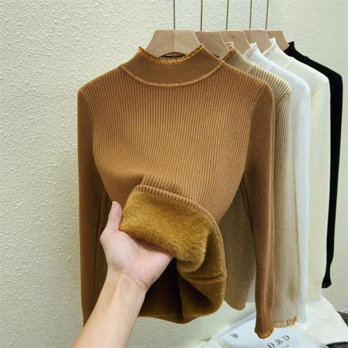 Women's 2024 Autumn/Winter Semi-High Collar Lace Edge Seamless Thick Warm Knit Top for Layering