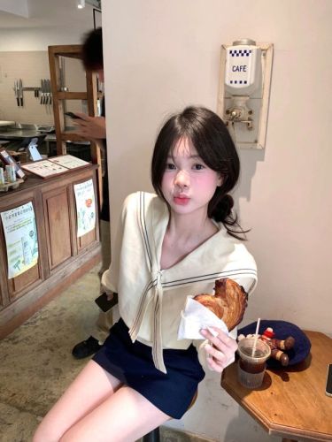 Ryoko China navy collar shawl sweater women's 2024 autumn and winter short slim fit top