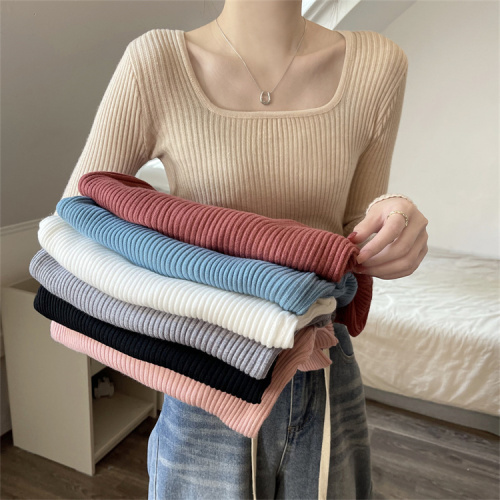 Temperament knitted sweater for women in autumn and winter U-neck slim pit strip inner sweater