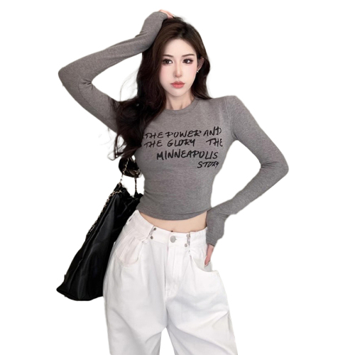 Official picture of high-elastic ribbed German velvet hot girl printed long-sleeved T-shirt slim bottoming shirt with top