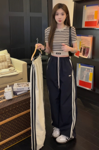 3D waistband 2024 spring and autumn new loose striped thin workout wide-leg pants for women