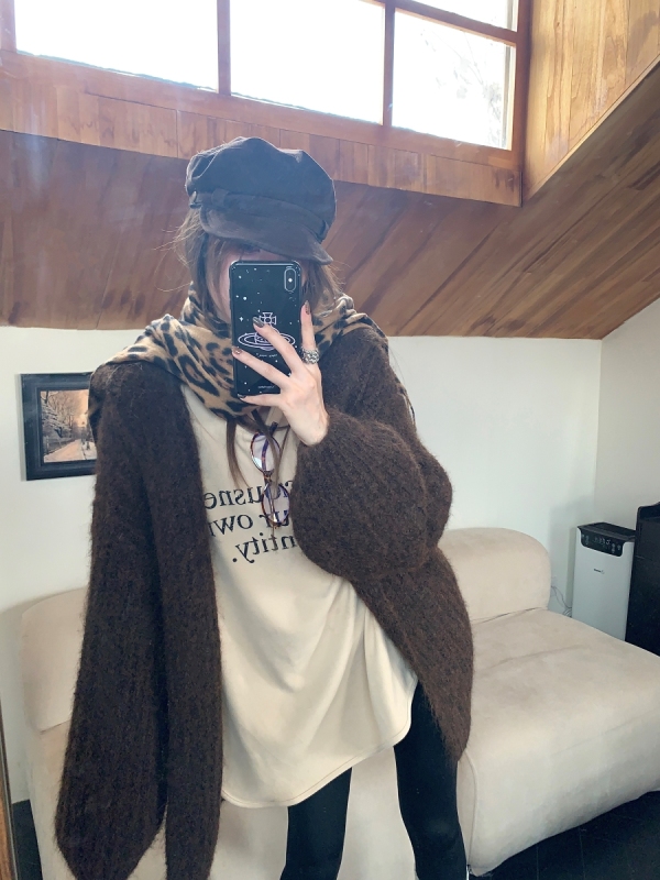 Thickened hooded lantern sleeve knitted sweater cardigan jacket versatile long-sleeved bottoming shirt