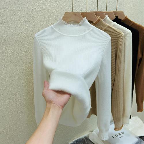 Women's 2024 Autumn/Winter Semi-High Collar Lace Edge Seamless Thick Warm Knit Top for Layering