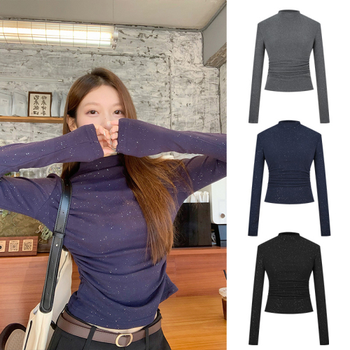 Thin glitter half turtleneck bottoming shirt for women autumn and winter high-end slim fit waist top