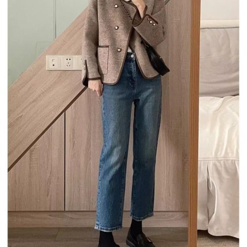 French Hepburn style round neck woolen coat for women Maillard 2024 autumn retro temperament loose casual woolen top