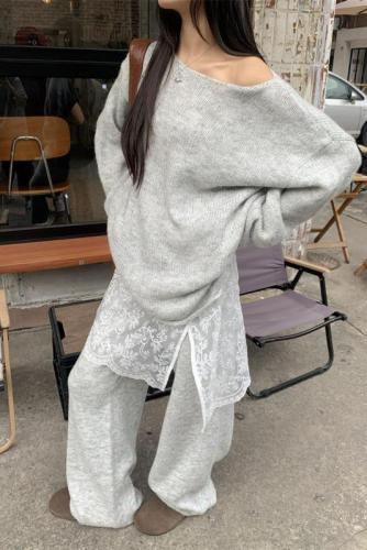 Knitted loose autumn and winter ins versatile knitted sweater suit with lace layered skirt