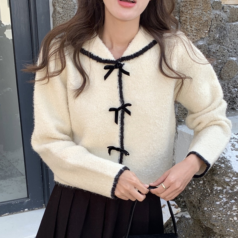 實拍 法式溫柔 小香風蝴蝶結軟糯針織衫甜美氣質毛衣上衣 2色