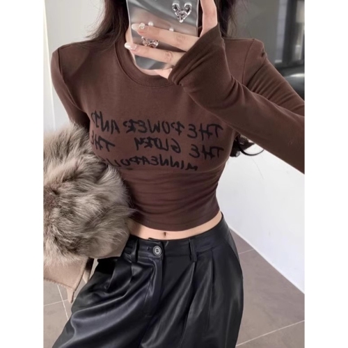 Official picture of high-elastic ribbed German velvet hot girl printed long-sleeved T-shirt slim bottoming shirt with top