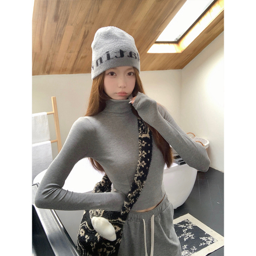 High-neck long-sleeved T-shirt for women in autumn new style slim-fit bottoming shirt solid color tight inner top