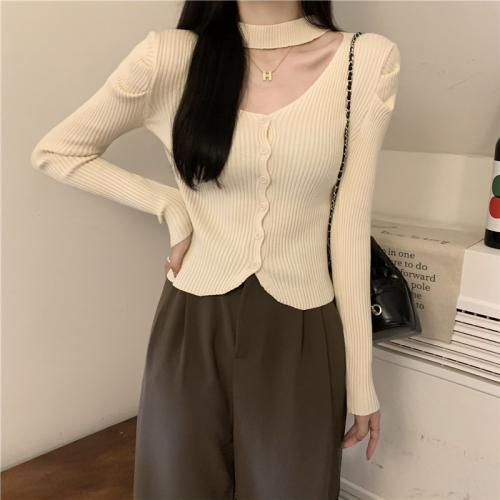 Actual price French puff sleeve knitted bottoming shirt for women with autumn and winter style v-neck halter top