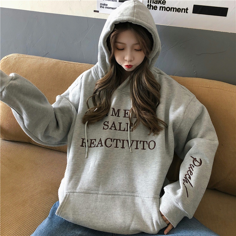 Real shot of large sweatshirt 250g plus velvet letter embroidery loose casual hooded plus velvet sweatshirt women's trend