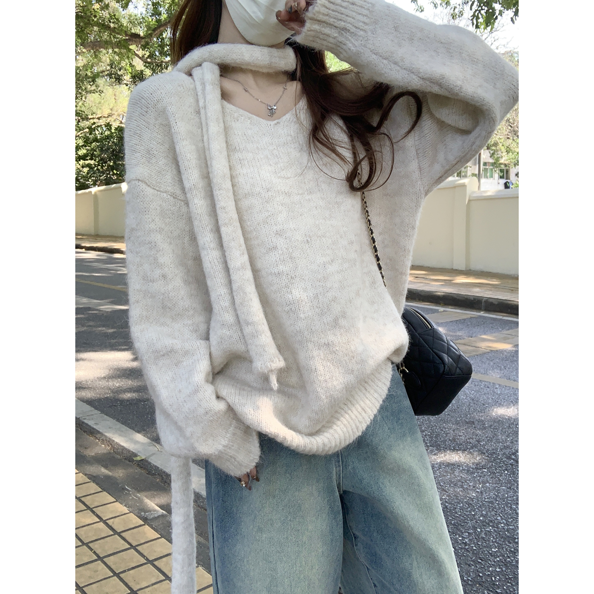 Real shot of autumn and winter Korean style v-neck loose soft waxy long mohair gentle knitted sweater with long-sleeved sweater for women