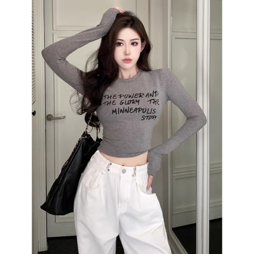 Official picture of high-elastic ribbed German velvet hot girl printed long-sleeved T-shirt slim bottoming shirt with top