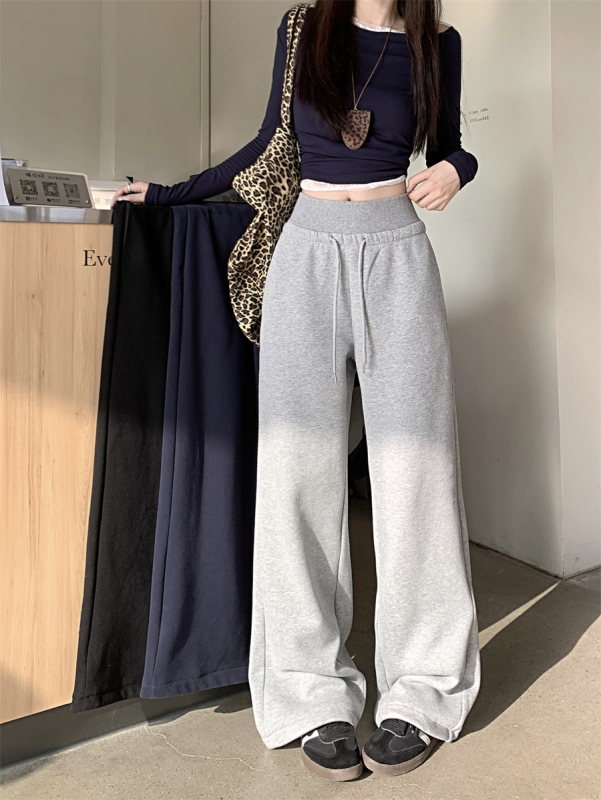 Gray straight pants for small people in autumn and winter new high-waisted casual sweatpants with loose velvet
