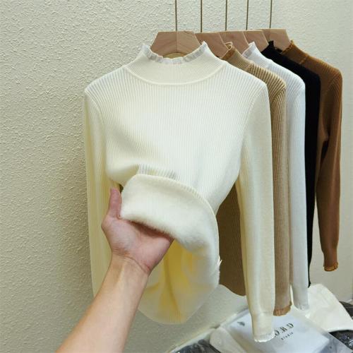 Women's 2024 Autumn/Winter Semi-High Collar Lace Edge Seamless Thick Warm Knit Top for Layering