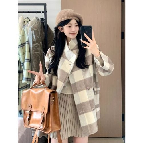 Tartan coat women's autumn and winter 2024 new woolen coat high-end small medium and long style