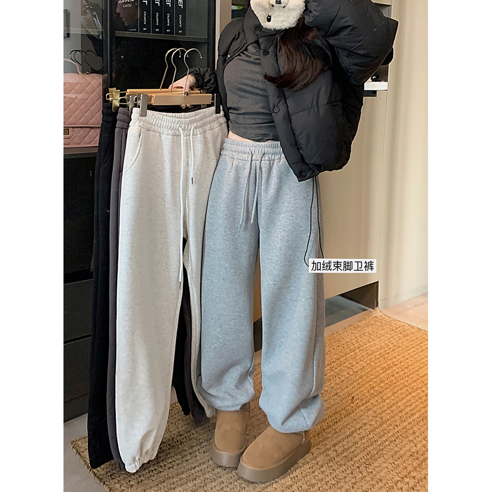 Actual shot! 2024 winter new style velvet thickened drawstring ankle sports casual pants for women