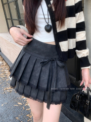 New autumn and winter hot girl bow pleated cake skirt American lace splicing pu skirt