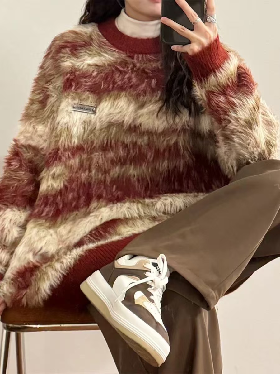 Original mink velvet American retro rainbow contrast sweater cardigan for men and women same style striped sweater jacket