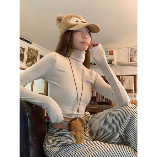 High-neck long-sleeved T-shirt for women in autumn new style slim-fit bottoming shirt solid color tight inner top