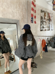 Autumn and winter American retro color-blocked striped puppy patch embroidered polar fleece coat thick coat cotton coat