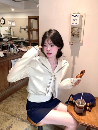 Ryoko China navy collar shawl sweater women's 2024 autumn and winter short slim fit top