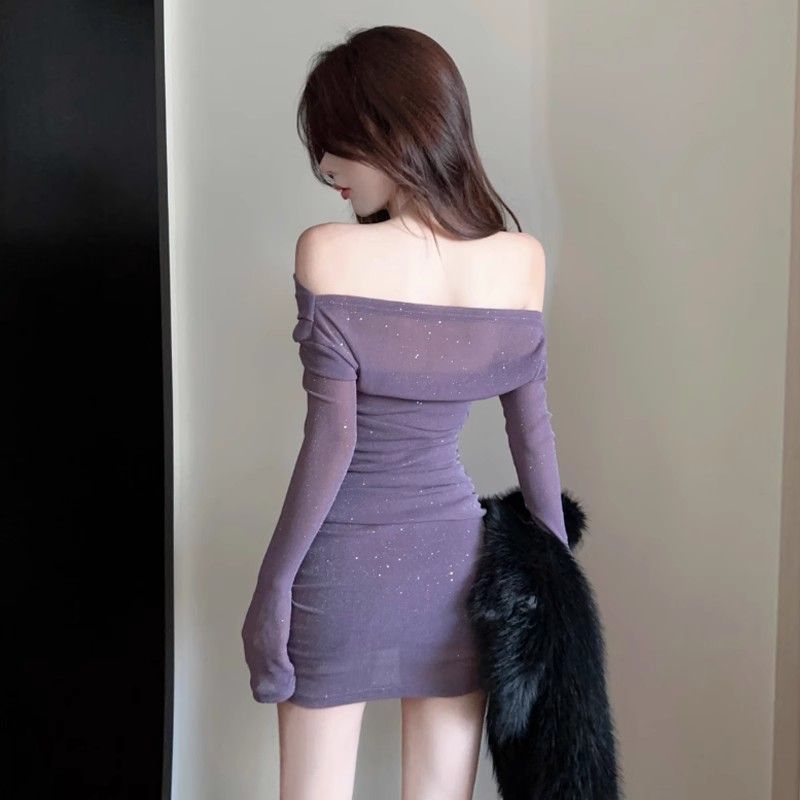 Pure Lust Style Shiny Hot Girl Tube Top One Shoulder Mesh Dress Feminine Slim Pleated Long Sleeve Short Skirt