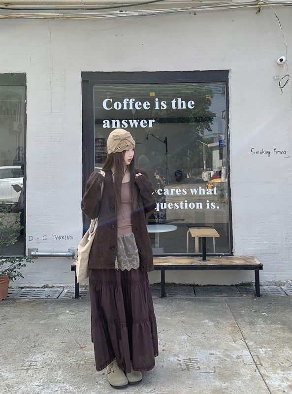 Lazy knitted cardigan sweater lace splicing embroidery bottoming suspender long skirt three-piece set