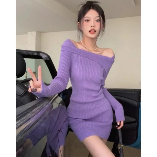 French one-shoulder dress women's early autumn 2024 new slim fit waist slimming knitted hip short skirt