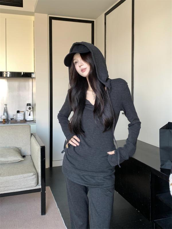 Knitted casual suit for women, autumn and winter hooded pullover sweatshirt, slim flared pants, two-piece set