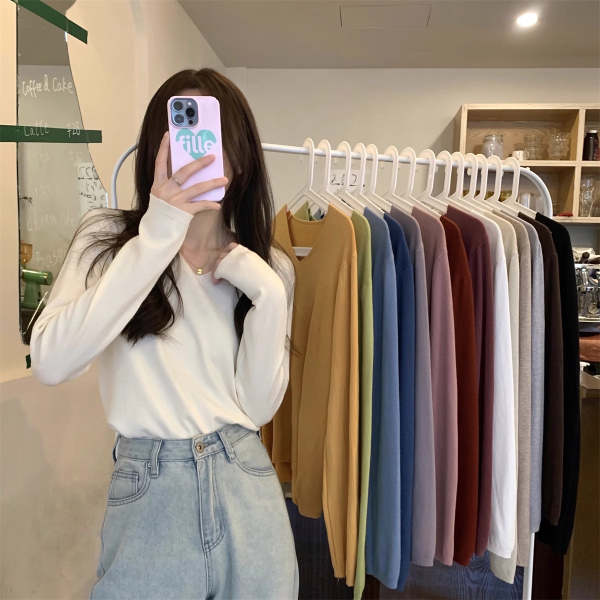 Spring and Autumn Winter 2024 New Korean Style Long-Sleeve V-Neck Hooded Knit Top for Women Loose Sweater
