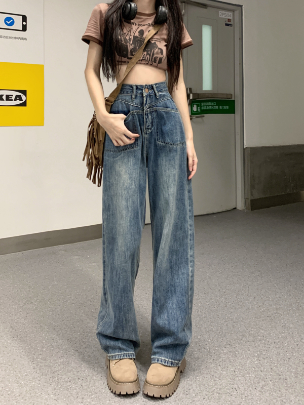 Denim trousers for women with pocket design, high-waisted, straight-leg, loose and drapey wide-leg trousers