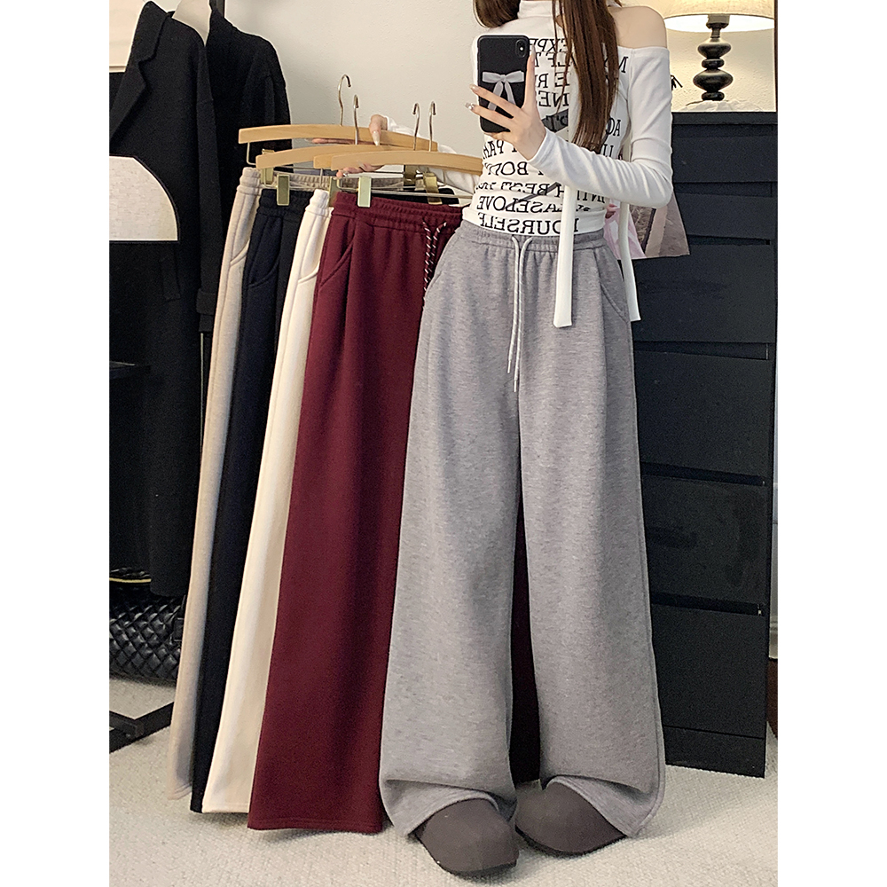 Real shot! 2024 autumn and winter new style lazy style thickened drawstring drapey wide-leg pants casual pants for women