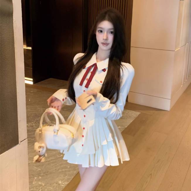 2024 Sweet Polo Collared Long-Sleeve Shirt Dress for Women, Autumn Fitted Knit Mini Skirt, College Style Pleated Skirt