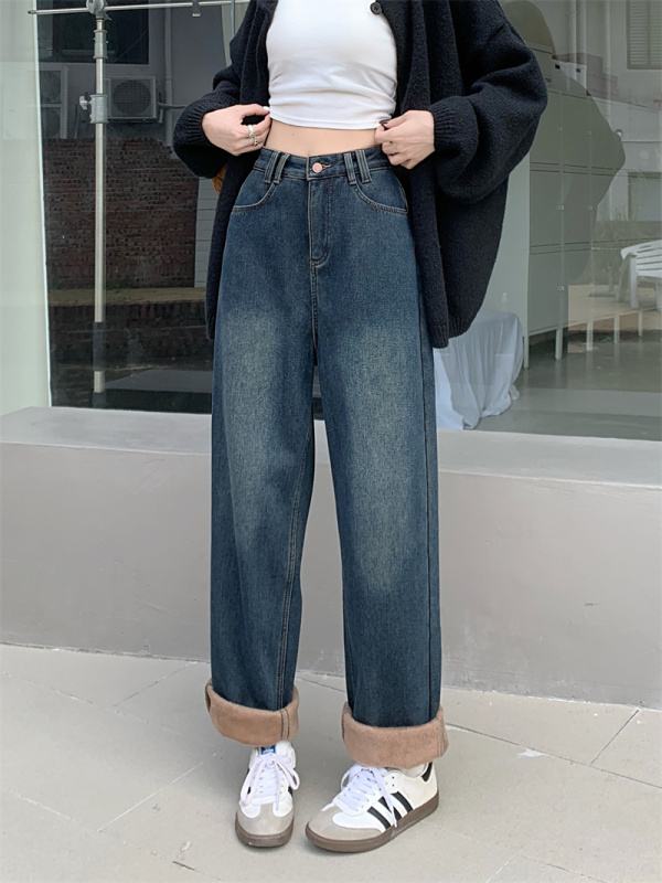 Wide-leg jeans for women in autumn and winter plus velvet and thickened new loose slimming high-waist drape floor-length straight pants