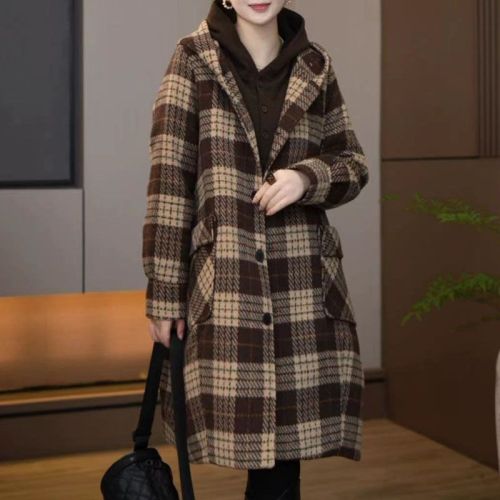 Official picture original quality fashionable plaid mid-length woolen coat autumn and winter large size hooded woolen coat