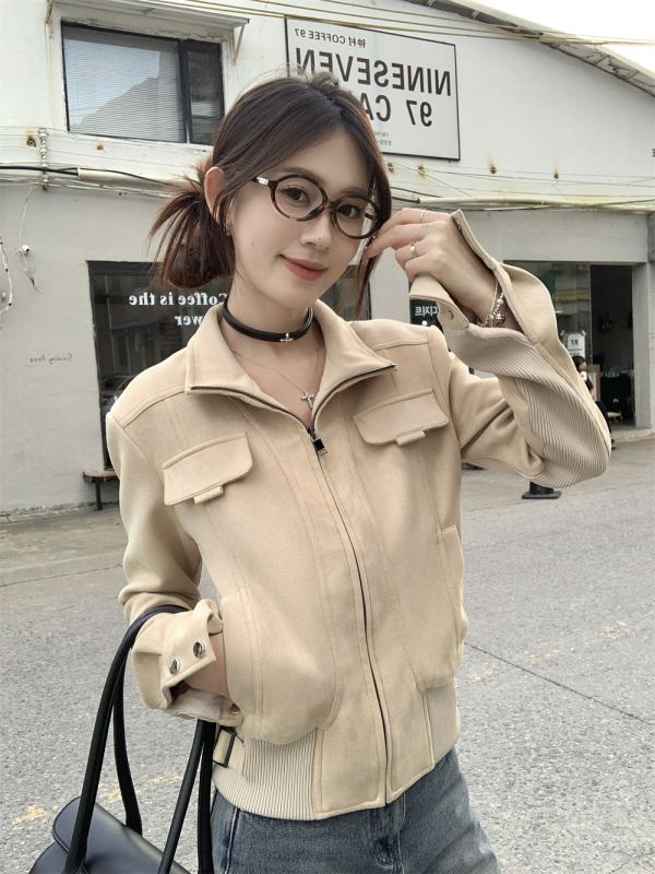 American Retro Suede Short Motorcycle Jacket Women's Early Spring Korean Casual Versatile Top