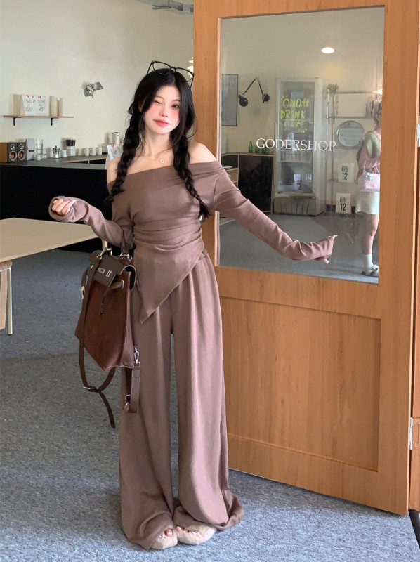 One-shoulder irregular long-sleeved T-shirt top high-waisted wide-leg casual trousers two-piece set
