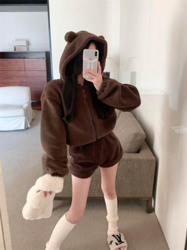 Actual shot ~ Cute bear sweatshirt jacket + shorts, new autumn and winter home clothes set that can be worn outside