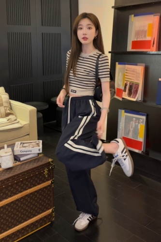 3D waistband 2024 spring and autumn new loose striped thin workout wide-leg pants for women