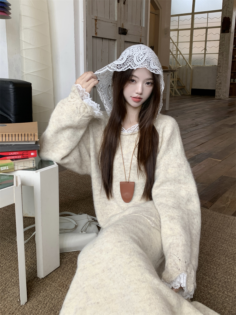 Photo shoot~ Warm soft fufu lace hooded sweater skirt set