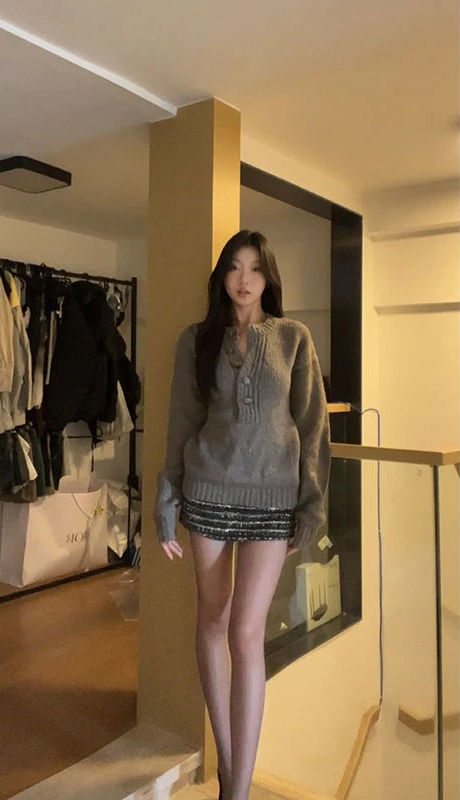 Autumn and winter henley retro half-cardigan long-sleeved knitted sweater