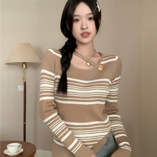 Actual price, western style, discreet, temperament, striped long-sleeved sweater for women, slim fit inner top