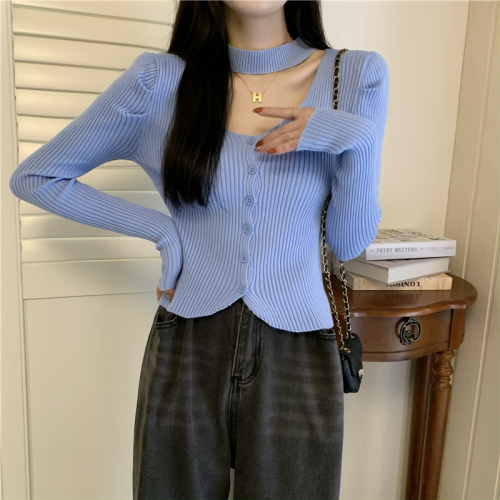 Actual price French puff sleeve knitted bottoming shirt for women with autumn and winter style v-neck halter top