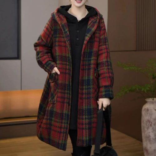 Official picture original quality fashionable plaid mid-length woolen coat autumn and winter large size hooded woolen coat