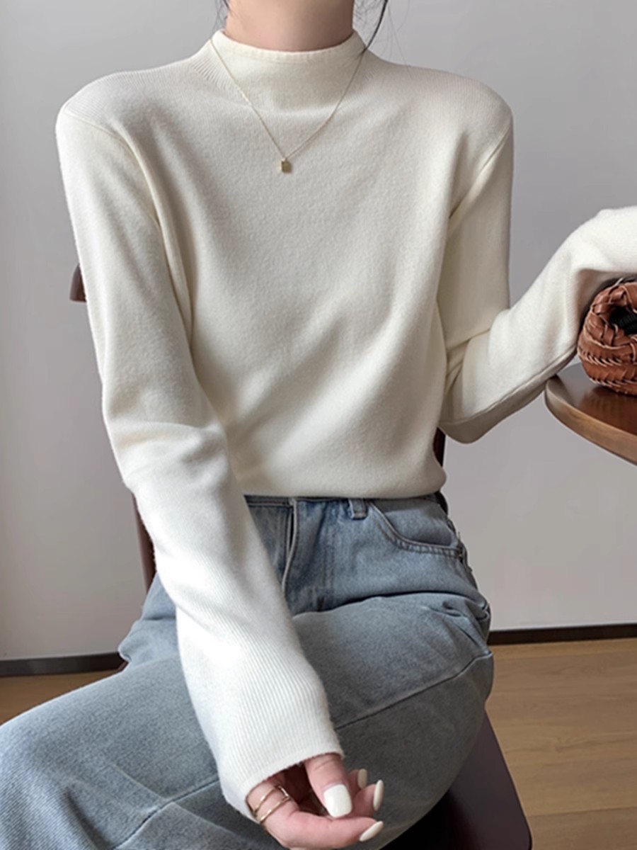 Soft, fluffy cashmere half-sleeve spring knit base shirt women autumn winter gentle pure color innerwear turtleneck sweater